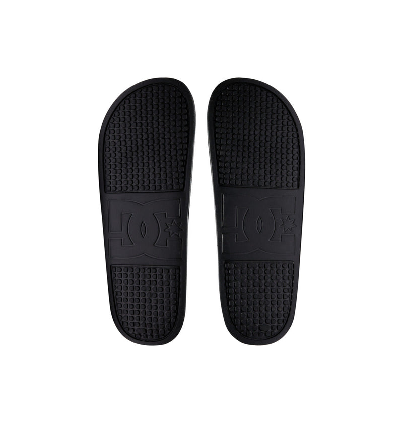 Men's DC Slides by DC Shoes in black, featuring textured footbeds for comfort and embossed DC Shoes logos. Shown side by side on a white background—ideal for your gym bag or daily wear.
