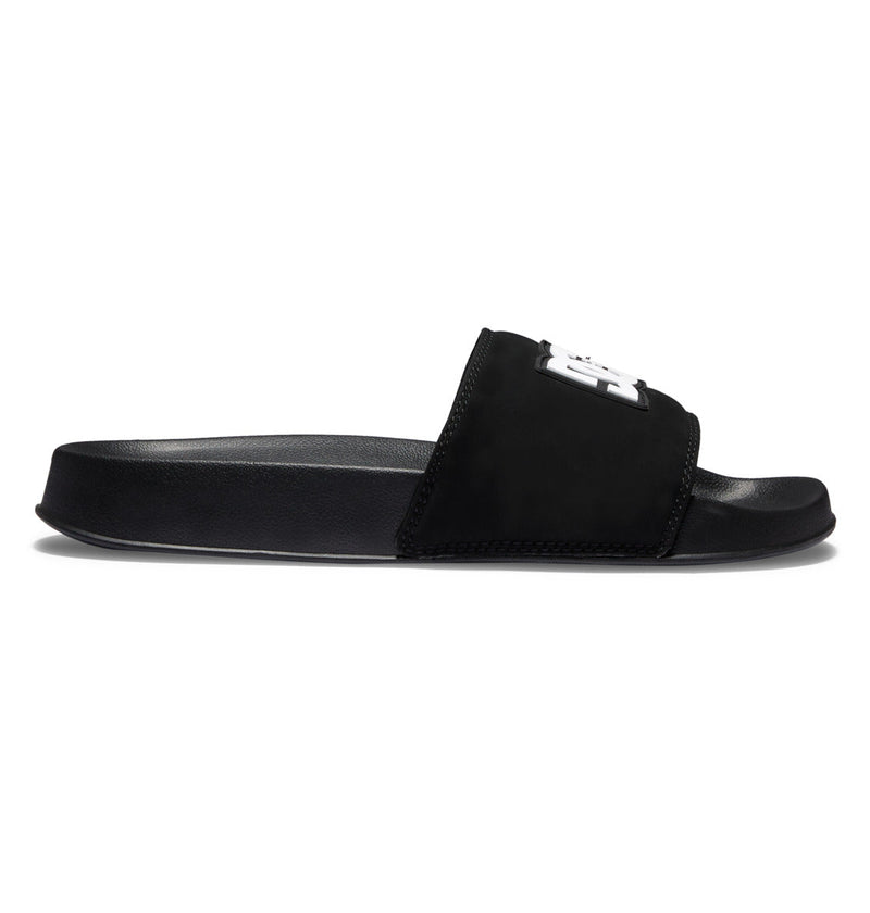 The Men's DC Slides by DC Shoes feature a thick single strap, flat sole, and synthetic material for comfort and minimal style—perfect to slip on after workouts and easy to carry in your gym bag.