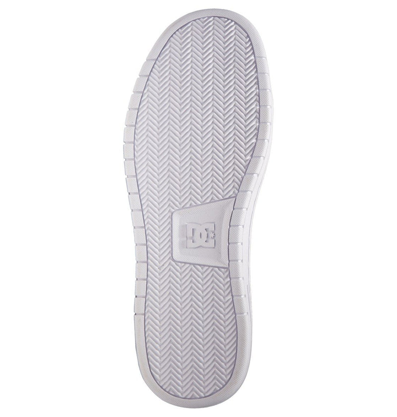 The image shows the bottom sole of DC Shoes Men's Gaveler Shoes: a white chunky design with a herringbone tread and a central raised rectangle featuring the DC Shoes logo, ideal to match the leather upper of these sneakers.