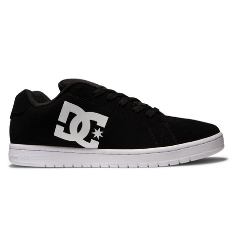The DC Shoes Men's Gaveler features a black leather upper, white sole, and bold white DC logo on the side, displayed in a side profile view against a white background.