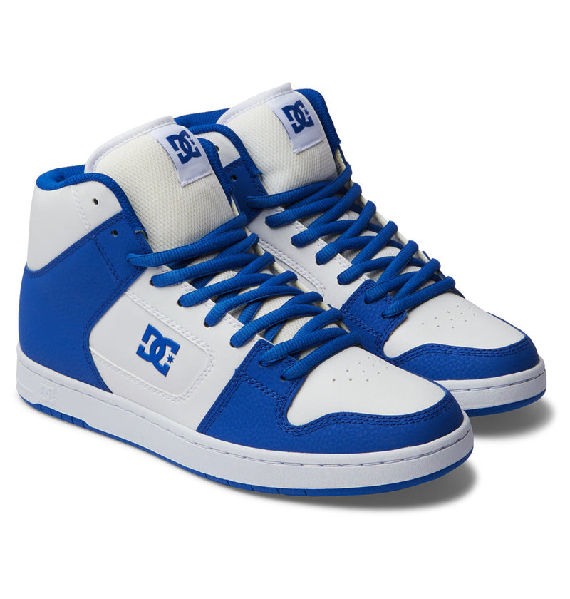 The Men's Manteca 4 HI Shoes by DC Shoes are high-top sneakers in blue and white with blue laces, durable outsoles, and DC logos on the side and tongue, shown on a white background.