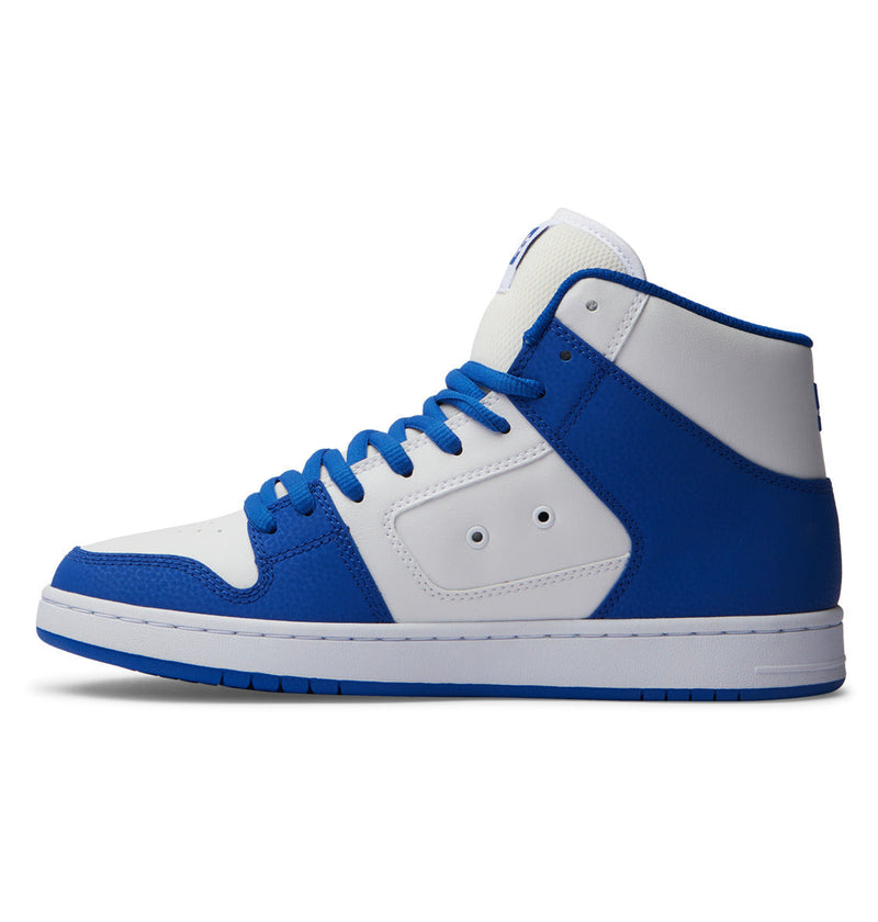 The DC Shoes Men's Manteca 4 HI features a blue and white high-top design with blue laces, perforated panels, a sturdy outsole, and a white sole shown in side profile.