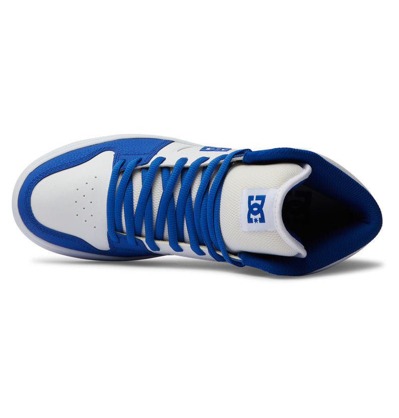 Top view of the Men's Manteca 4 HI Shoes by DC Shoes featuring a white and blue leather upper, blue laces, perforated toe, and visible DC logo on the tongue.