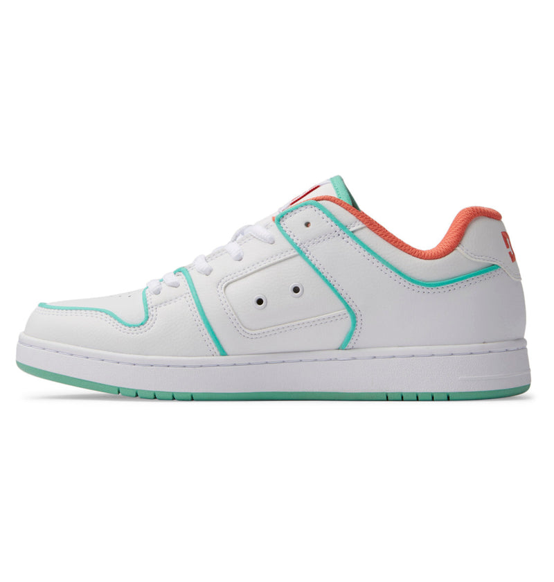 The Men's Manteca 4 SE Shoes by DC Shoes are white low-top sneakers with teal detailing on the sole and seams, plus coral lining at the ankle and tongue. Shown in side profile on a white background, their performance design is clearly highlighted.