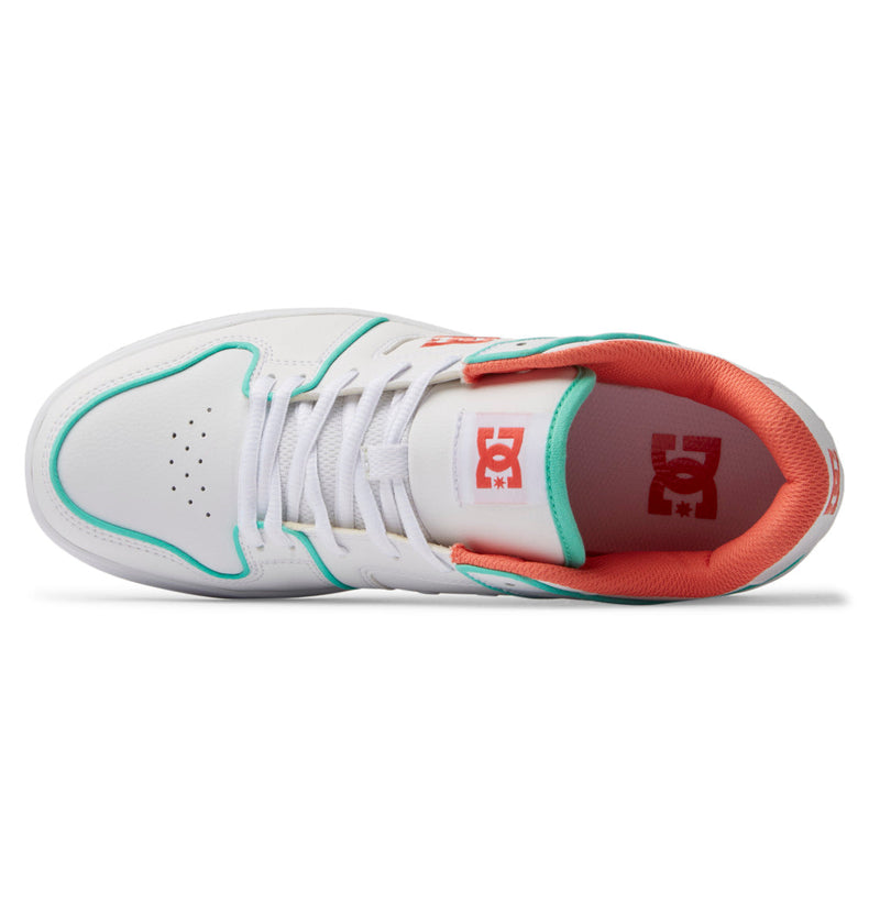 Top view of the Men's Manteca 4 SE Shoes by DC Shoes, in white with teal and coral accents, coral inner lining, and DC logo in coral on tongue and insole. White laces and detailed stitching complete this performance-focused design.
