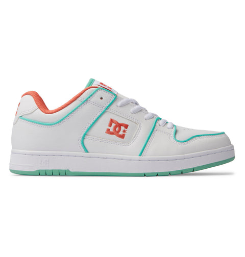 The DC Shoes Men's Manteca 4 SE features a white low-top design with teal accents on the sole and lining, coral details on the interior and logo, and is crafted for performance skateboarding.