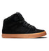 The DC Shoes Men’s Pure High-Top Shoes are shown in black with a gum-colored sole, black laces, and the signature DC logo on the side and ankle. Renowned for their durability and comfort, this best-selling sneaker is displayed in profile facing left against a white background.
