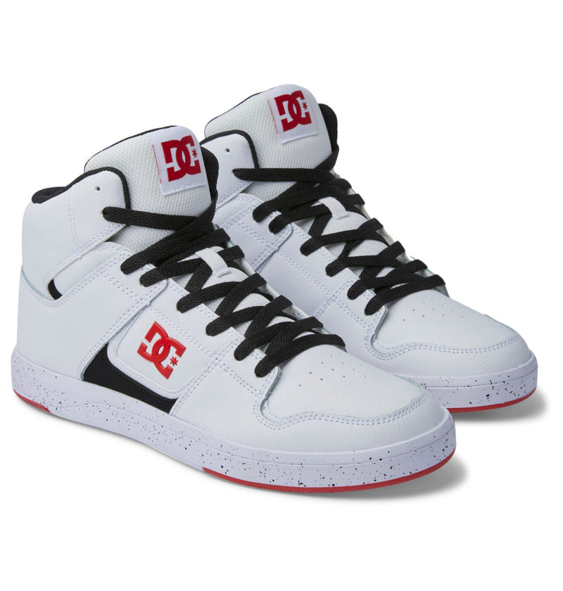 Men's DC Cure High-Top Shoes by DC Shoes in white with black laces, red DC logos on the tongue and side, breathable mesh lining, and a white sole with black speckles and a bold red outsole.