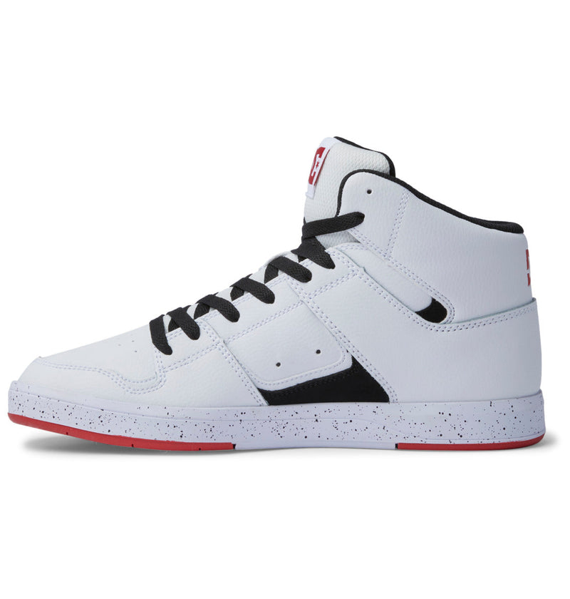 The Men's DC Cure High-Top Shoes by DC Shoes feature white leather, black laces, a speckled white sole, red accents, mesh lining, toe and mid-panel perforations, plus black/red logos on the tongue and heel for classic style.