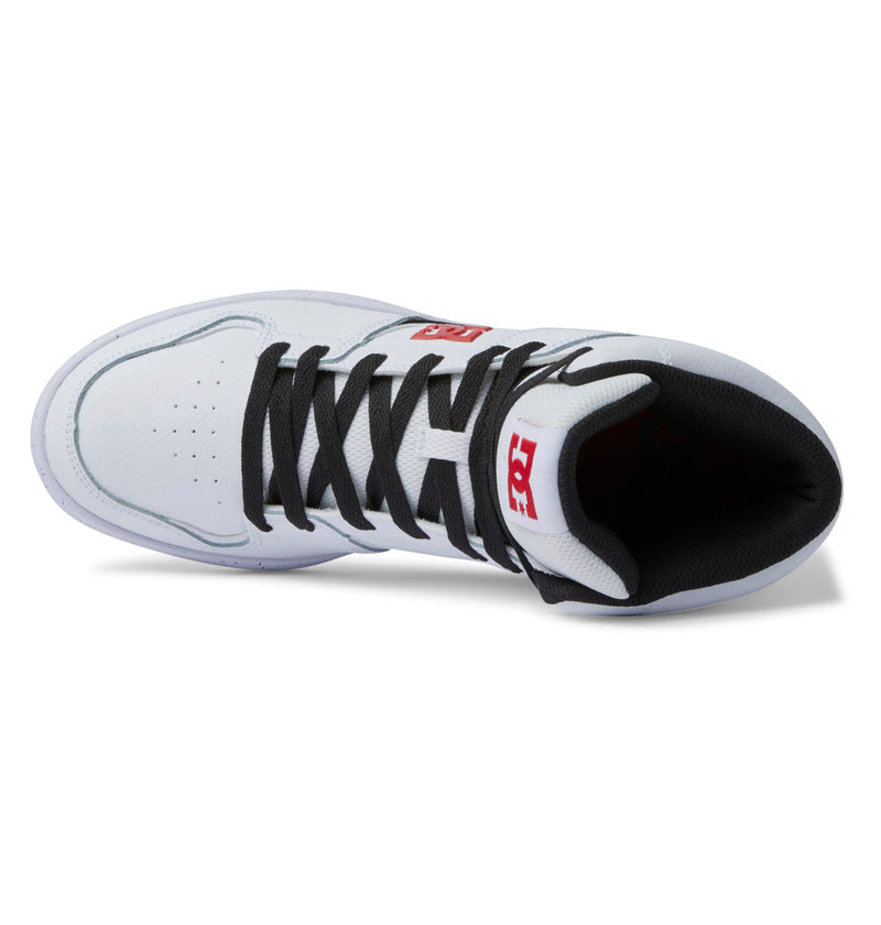 A top view of Men's DC Cure High-Top Shoes by DC Shoes in white, featuring black laces, a black inner lining, a red DC logo on the tongue, and a perforated toe area suggesting breathable mesh comfort.