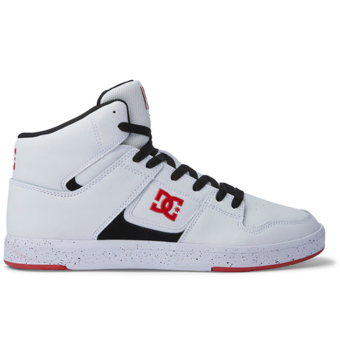 The Men's DC Cure High-Top Shoes by DC Shoes feature a white leather upper, black laces, red accents, a speckled white sole, breathable mesh lining, and a red DC logo on the side. Shown from the left profile.