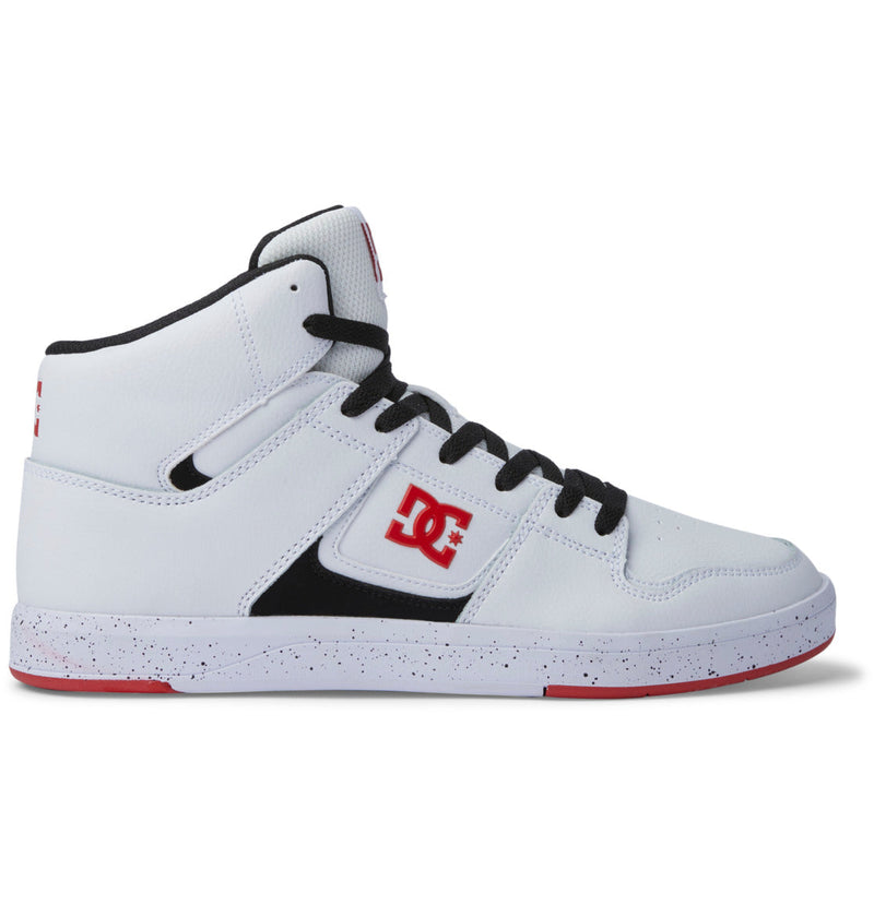 The Men's DC Cure High-Top Shoes by DC Shoes feature a white leather upper, black laces, red accents, a speckled white sole, breathable mesh lining, and a red DC logo on the side. Shown from the left profile.