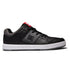 The Men’s DC Cure Shoes by DC Shoes feature a black leather and nubuck upper, a white sole, gray detailing at the heel, and red branding on the tongue. Durable and stylish for everyday wear, this shoe is shown in a side view against a white background.
