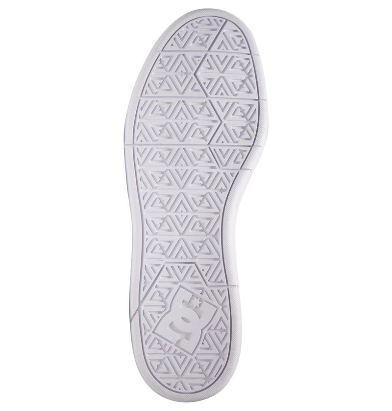 The Men's DC Cure Shoes by DC Shoes feature a white sole with a geometric triangular tread and raised DC logo near the heel, ideal for street style.