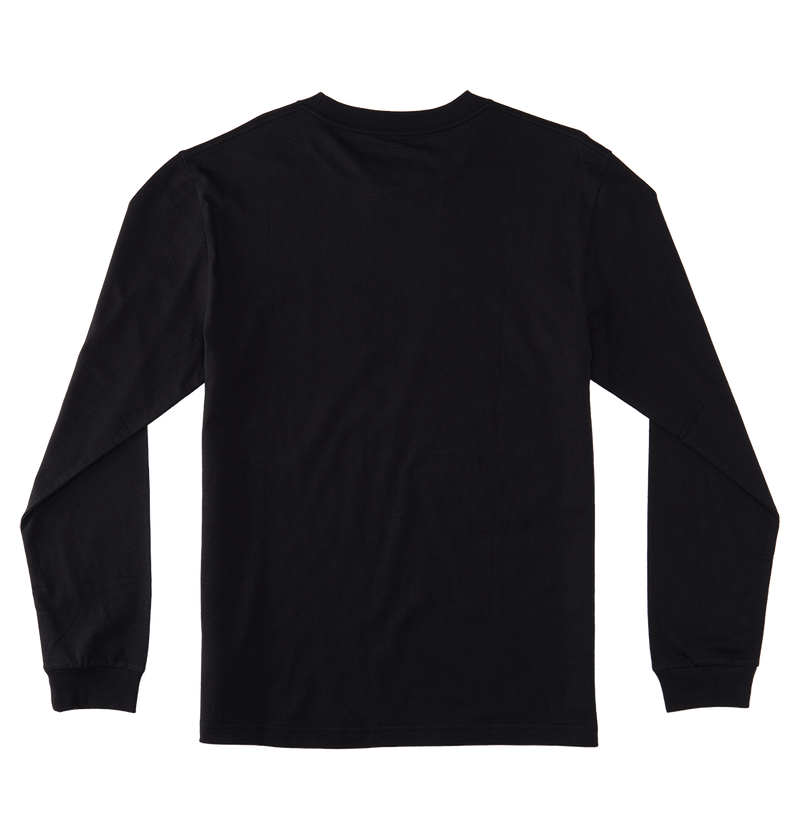 The Men's DC Star Tee by DC Shoes is a black long-sleeve graphic shirt with a crew neckline and ribbed cuffs, shown laid flat with the back facing up—ideal for skate sessions or casual wear.