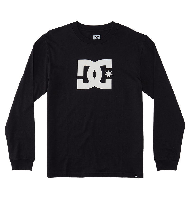 The Men's DC Star Tee by DC Shoes is a black long-sleeve graphic shirt with a bold white star logo on the chest, featuring a crew neckline and classic design—ideal for casual wear or skate sessions.