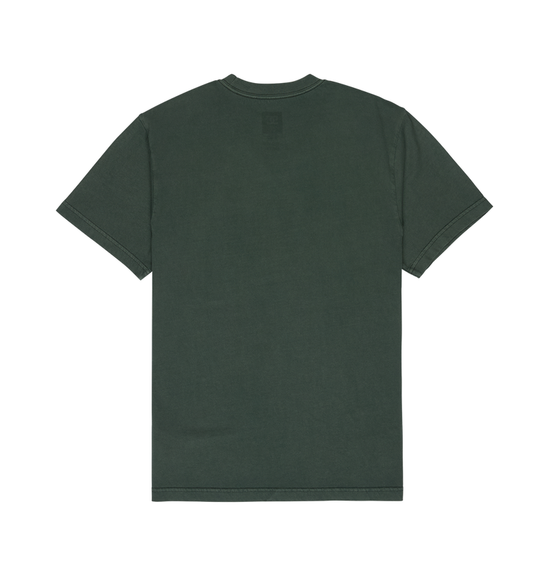 A men's DC Shoes Star Pigment Dye Tee in dark green is displayed flat with the back side visible against a white background, ideal for those who appreciate the relaxed fit of a classic graphic skate tee.