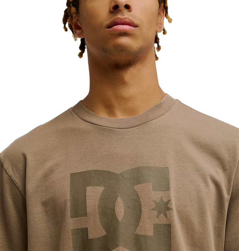A young person wearing the Men's DC Star Pigment Dye Tee by DC Shoes in taupe, featuring the DC logo, shown from the shoulders up with a neutral expression against a plain white background.