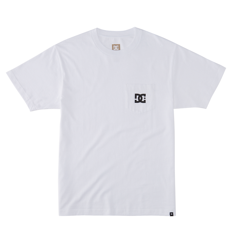 The Men's DC Star Pocket Tee by DC Shoes is a plain white short-sleeve cotton shirt with a small left chest pocket featuring a black DC logo, shown laid flat on a white background.