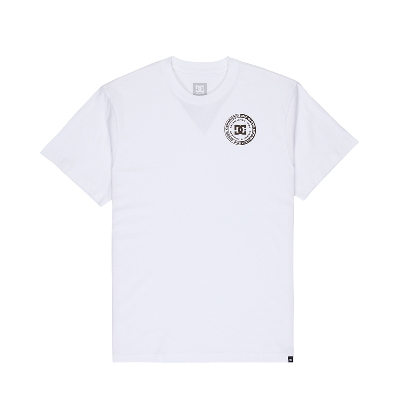 The Men's DC Corpo Tee by DC Shoes is a white, short-sleeve, relaxed fit shirt featuring a small black corporate logo with circular text on the left chest. The graphic skate tee is displayed flat on a plain white background.