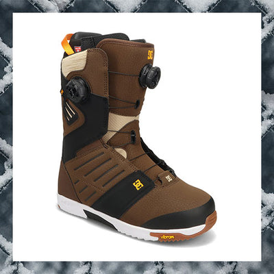 Brown and black snowboard boot with visible brand logo on a snowy background