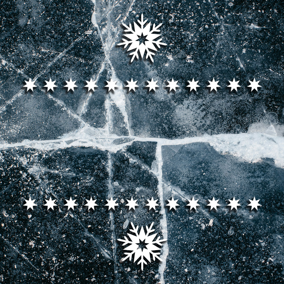 Dark cracked ice surface with star patterns and snowflakes overlaid on top