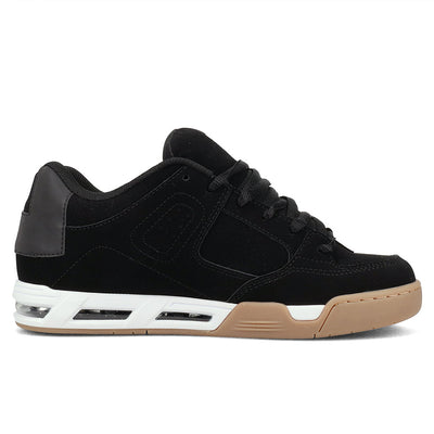 Black sneaker with tan sole on a white background