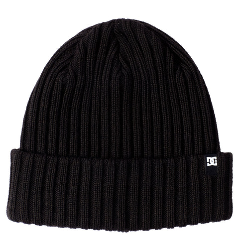 The Fish N Destroy 2 beanie by DC Shoes is a black ribbed knit hat featuring a folded brim and a small black-and-white DC Shoes logo tag on the side, blending classic style with signature brand details.