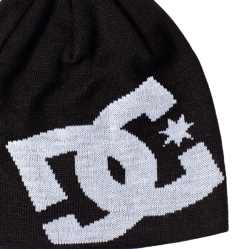 Black knit beanie, the “Big Star 2” by DC Shoes, crafted from recycled fibers and featuring a large white DC branding logo with star graphic on the side, displayed against a white background.