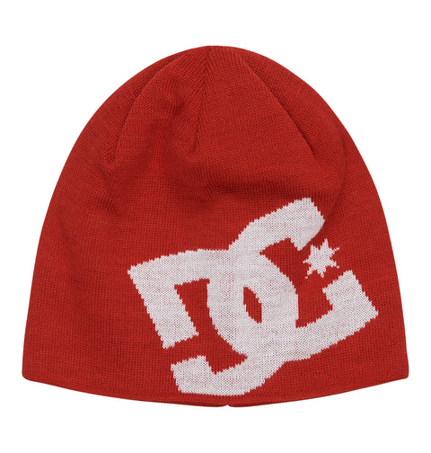 The Big Star 2 beanie by DC Shoes is crafted from recycled fibers in vibrant red and showcases a large white stylized DC logo with a star on the front for bold DC branding.