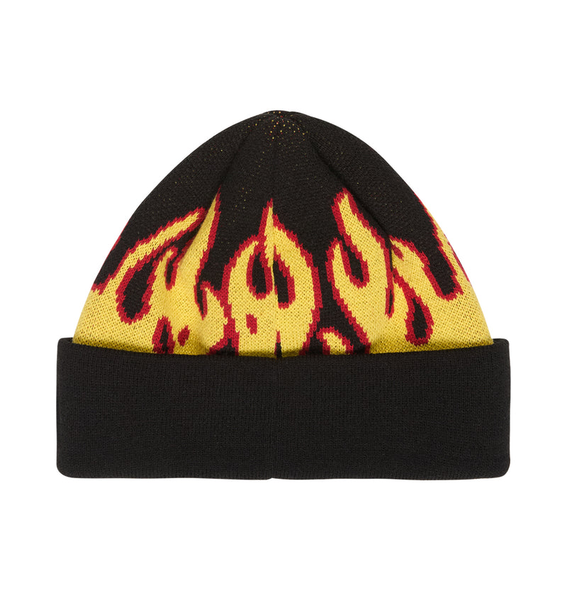 The Burning Beanie by DC Shoes is a black knit hat featuring bold yellow and red flame patterns on the front, a folded brim, and subtle DC branding—making it the perfect accessory for any fan.
