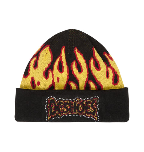 Introducing the Burning Beanie by DC Shoes—a black knit beanie adorned with striking yellow and red flame patterns and a bold DC SHOES embroidered logo patch on the folded brim.