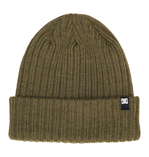 Introducing the DC Shoes Fish N Destroy 2 beanie—a ribbed olive green knit hat with a folded brim and a small black tag featuring the white DC Shoes logo on the lower right side, crafted from recycled fibers for sustainable style.