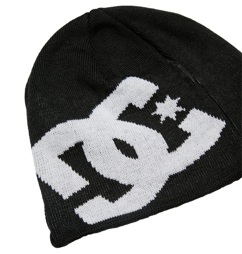 The Big Star Visor by DC Shoes is a black beanie featuring a prominent white DC logo with a star on the front, highlighting bold brand styling. Crafted with classic knit construction, the hat is displayed laid flat on a white background.