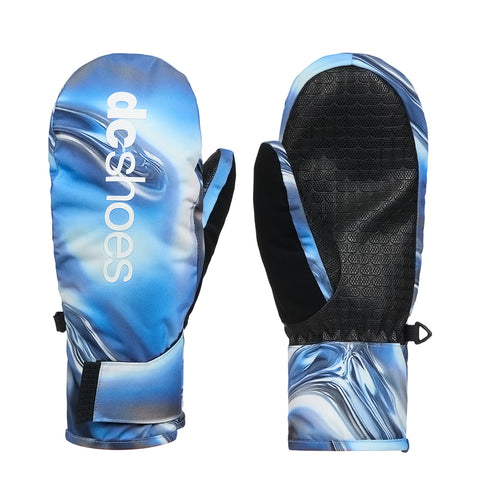 Introducing the DC Shoes Franchise Youth Mittens—a pair of youth snow gloves featuring a blue and black marble-like pattern, with the DC Shoes logo displayed on the left mitten. These mittens include textured black palms for grip, black adjustable wrist straps for a secure fit, and are designed with insulated warmth to ensure both comfort and style. Each mitten faces a different direction to complete their modern look.