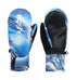Introducing the DC Shoes Franchise Youth Mittens—a pair of youth snow gloves featuring a blue and black marble-like pattern, with the DC Shoes logo displayed on the left mitten. These mittens include textured black palms for grip, black adjustable wrist straps for a secure fit, and are designed with insulated warmth to ensure both comfort and style. Each mitten faces a different direction to complete their modern look.