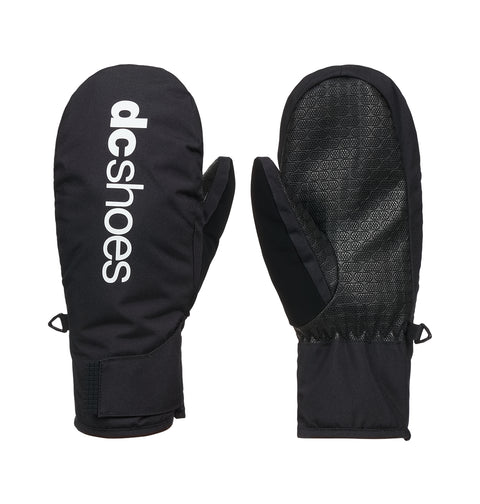A pair of Franchise Youth Mittens by DC Shoes in black, featuring the brand’s white logo on the back. Designed for insulated warmth, one mitten reveals a grip-textured palm while the other showcases the DC Shoes branding. Both include wrist straps and convenient loops—ideal snow gloves for cold-weather adventures.