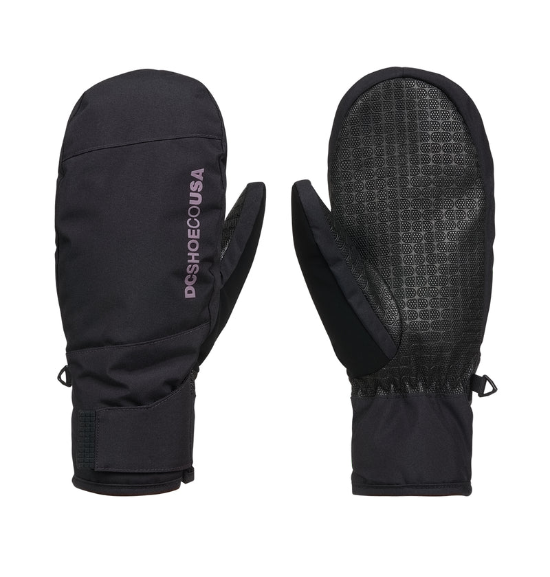 A pair of DC Shoes Franchise Mitts W 10K in black, engineered for insulated warmth and weather protection, featuring the brand logo on the back of one mitten and a textured palm grip on the other—both equipped with wrist straps for a secure snow glove fit.