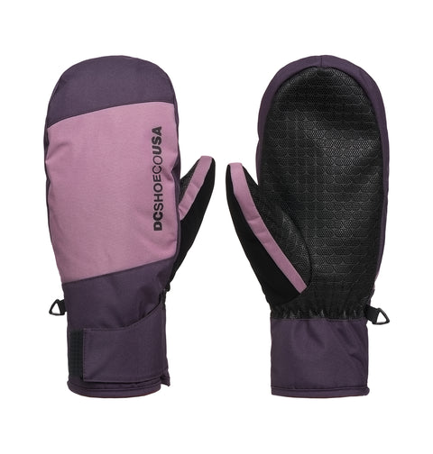 Showcased are the Franchise Mitts W 10K by DC Shoes in a purple and black colorway, displayed from both the front and back. The left mitten highlights the signature brand logo, while the right showcases a textured grip surface for superior weather protection. Both mittens include adjustable wrist straps and are crafted to provide insulated warmth for winter adventures.