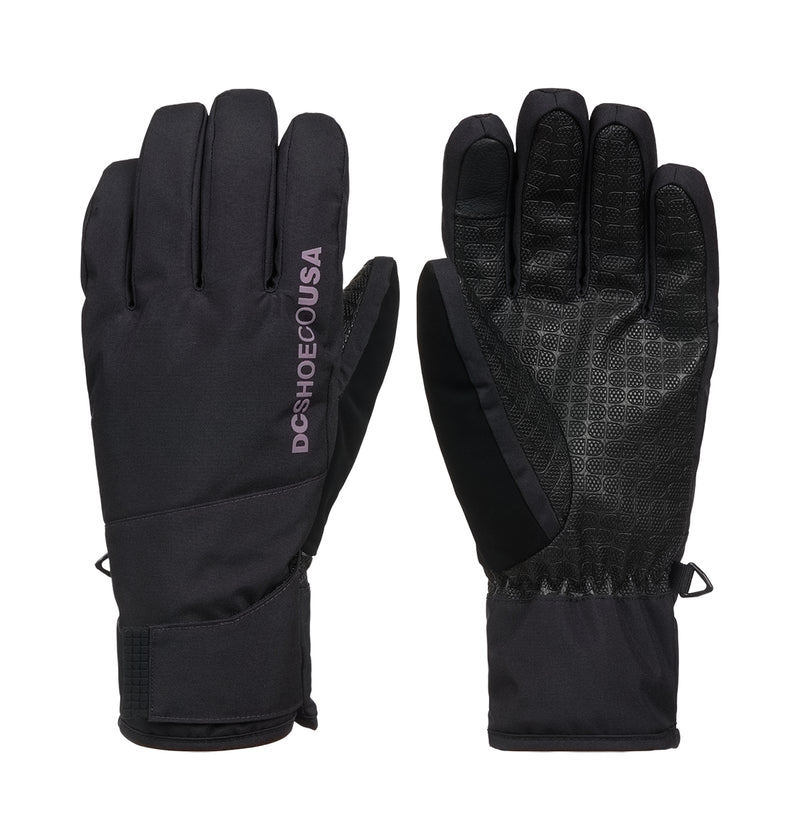 A pair of DC Shoes Franchise Gloves W 10K in black, featuring DCSHOECOUSA text on the back of one glove and a textured grip palm on the other for insulated warmth.