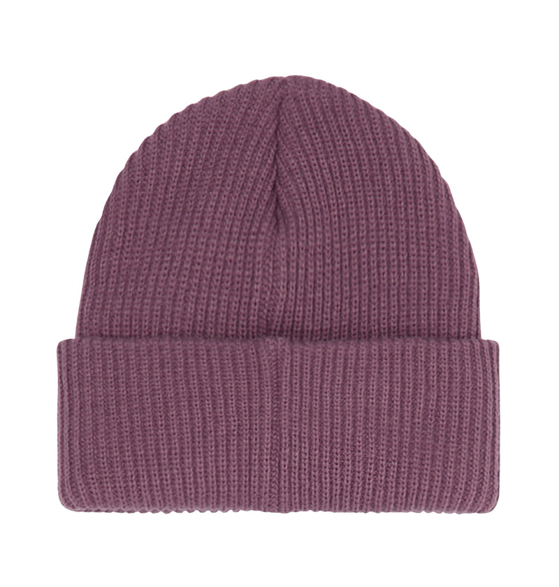 A ribbed knit beanie crafted from recycled fibers in a muted purple hue, the Lanai Beanie by DC Shoes is displayed laid flat with its brim folded up against a white background.