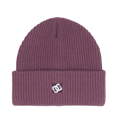 A ribbed, mauve Lanai Beanie by DC Shoes, made from recycled fibers and featuring a folded brim with a small white DC logo patch on the front.