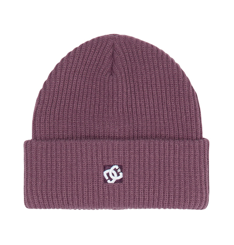 A ribbed, mauve Lanai Beanie by DC Shoes, made from recycled fibers and featuring a folded brim with a small white DC logo patch on the front.