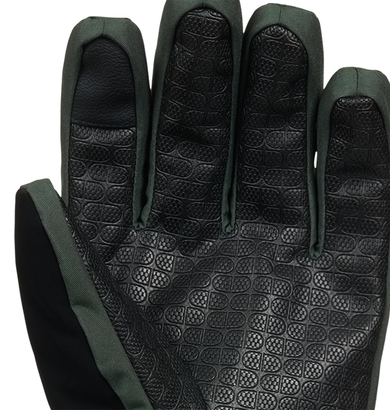 Close-up of the DC Shoes Franchise Gloves 10K in black, featuring a textured grid-like pattern on the palm and fingers, with dark green fabric detailing along the edges and between the fingers. Engineered for insulated warmth, these gloves blend style and functionality to keep hands comfortable in cold weather.