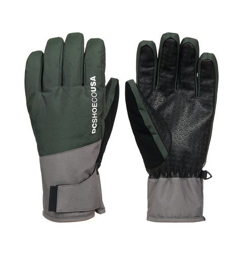 Introducing the Franchise Gloves 10K by DC Shoes—a pair of gray and dark green insulated snow gloves featuring adjustable wrist straps, textured black palms for enhanced grip, and “DCSHOECOUSA” printed on the back of one glove. Designed to provide reliable warmth and comfort during cold weather conditions.