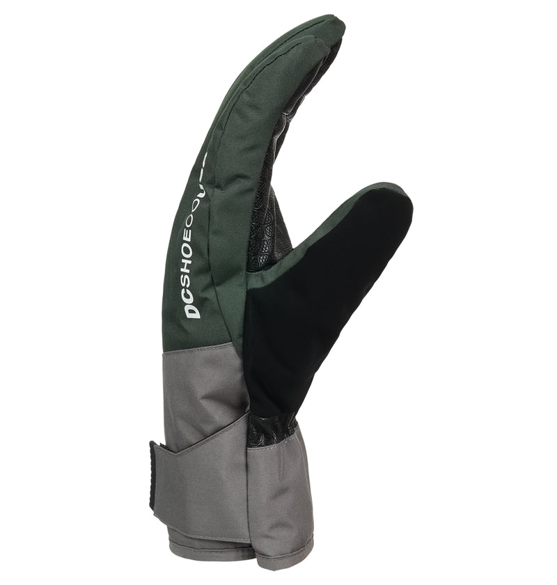 The DC Shoes Franchise Gloves 10K are three-fingered snow gloves in green, black, and gray with “DCSHOECOUSA” printed on the side, designed for insulated warmth and displayed upright against a white background.