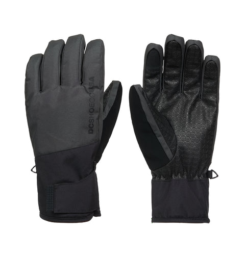 The DC Shoes Franchise Gloves 10K are pictured front and back on a white background. One glove reveals the textured palm grip, while the other showcases the smooth outer fabric and an adjustable wrist strap. Designed as snow gloves, they provide insulated warmth to keep your hands comfortable during cold weather activities.