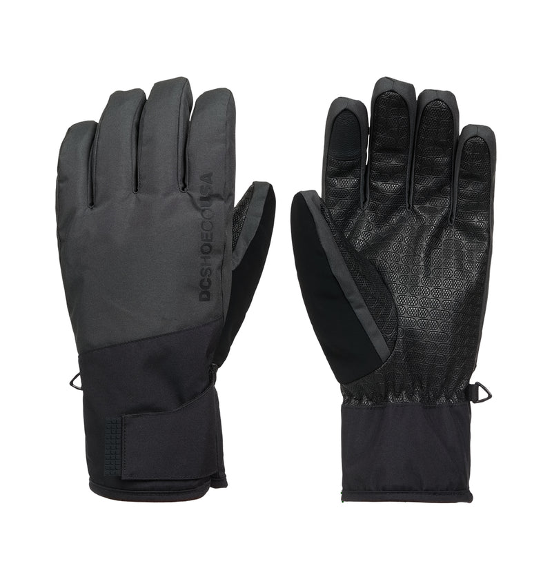 The DC Shoes Franchise Gloves 10K are pictured front and back on a white background. One glove reveals the textured palm grip, while the other showcases the smooth outer fabric and an adjustable wrist strap. Designed as snow gloves, they provide insulated warmth to keep your hands comfortable during cold weather activities.