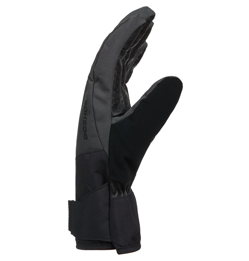 The DC Shoes Franchise Gloves 10K are displayed upright on a white background, featuring a black design with a curved thumb, insulated warmth for cold weather, and a textured grip on the palm side.