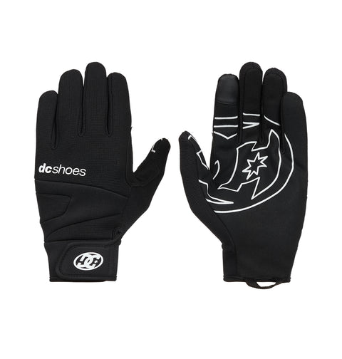 Two Trackstar Park Gloves by DC Shoes are displayed, one palm up and one palm down. The black gloves feature white DC Shoes logos on the back and palm, offering insulated warmth for cold weather.